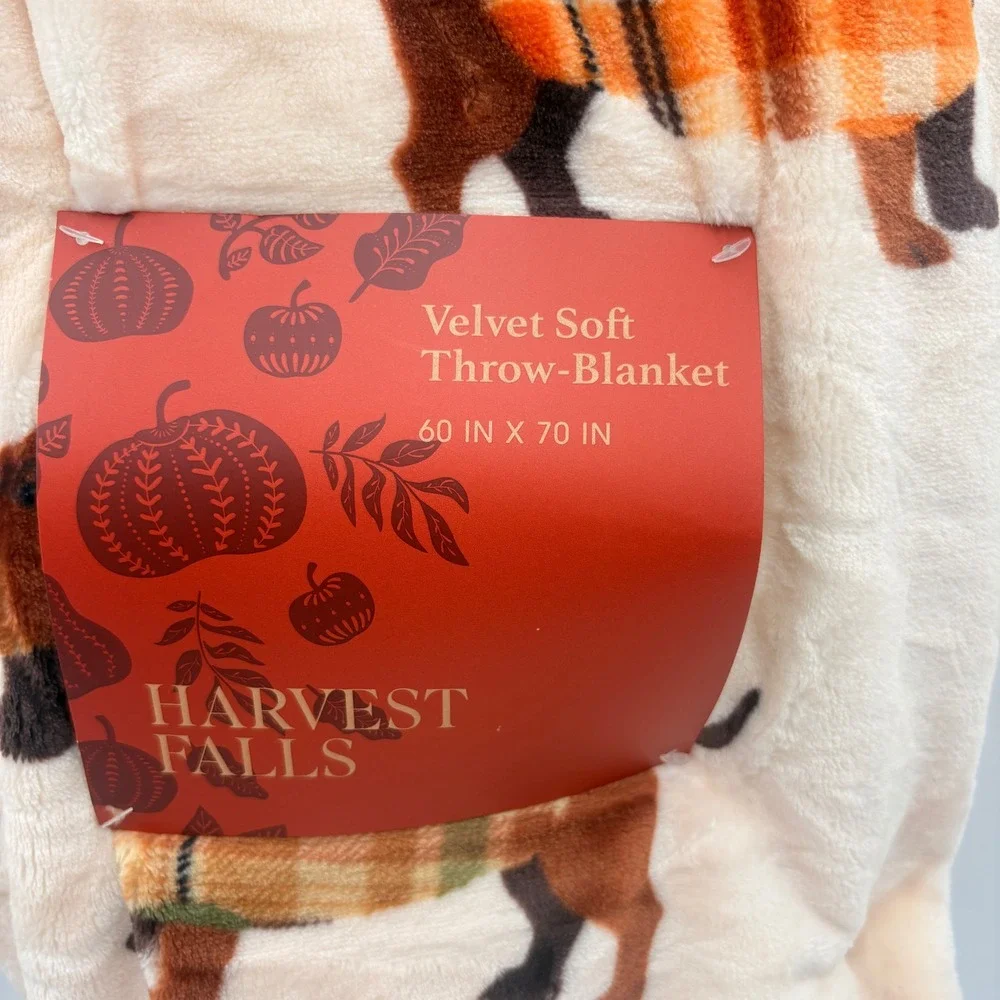 Harvest Falls Velvet Soft Throw Blanket Dachshund Dog Plaid Sweater 60x70 Fall